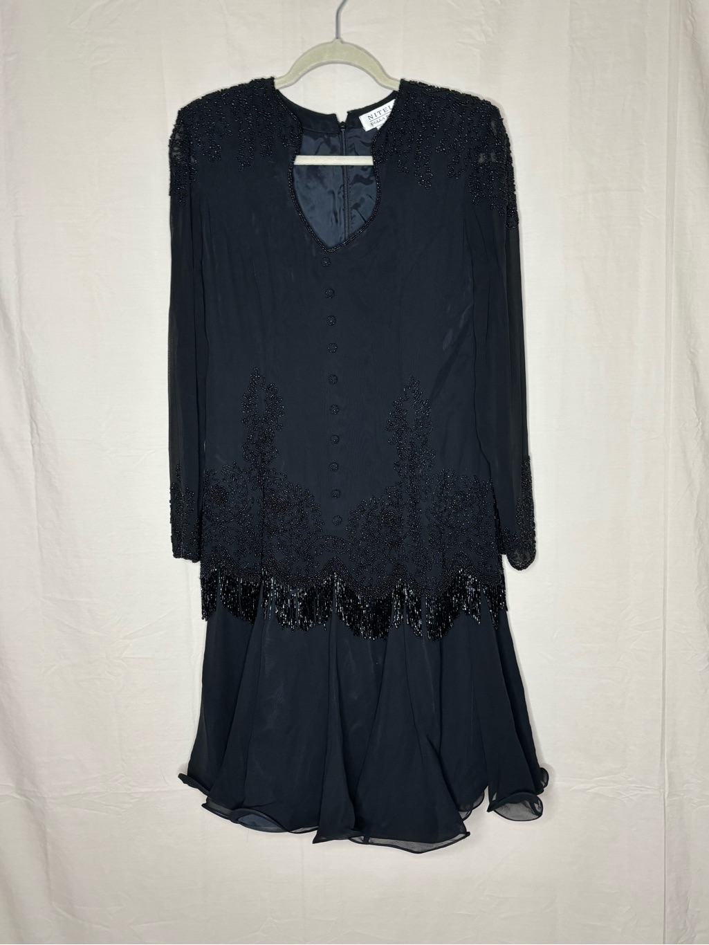 Vintage Niteline Della Roufogali 100% Silk Beaded Fringe Dress Black Size 8